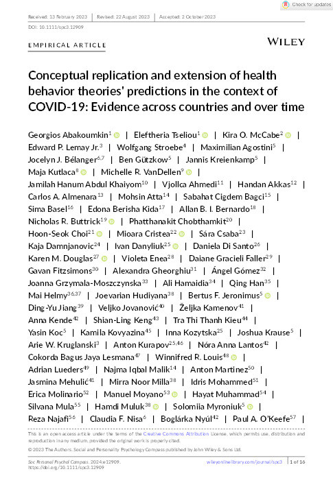 Conceptual replication and extension of health behavior theories' predictions in the context of COVID‐19: Evidence across countries and over time Thumbnail