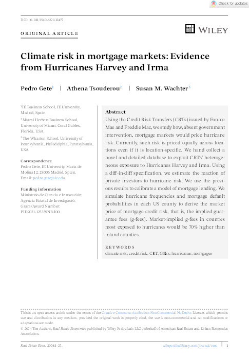 Climate risk in mortgage markets: Evidence from Hurricanes Harvey and Irma Thumbnail