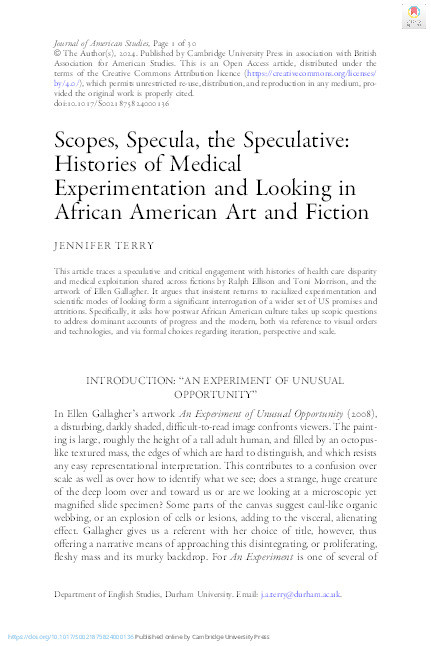 Scopes, Specula, the Speculative: Histories of Medical Experimentation and Looking in African American Art and Fiction Thumbnail