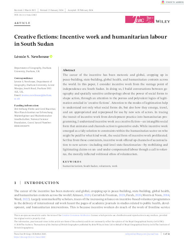 Creative fictions: Incentive work and humanitarian labour in South Sudan Thumbnail