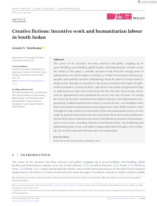 Creative fictions: Incentive work and humanitarian labour in South Sudan Thumbnail