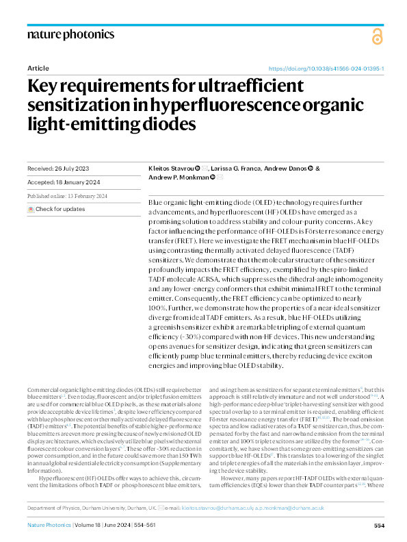 Key requirements for ultraefficient sensitization in hyperfluorescence organic light-emitting diodes Thumbnail