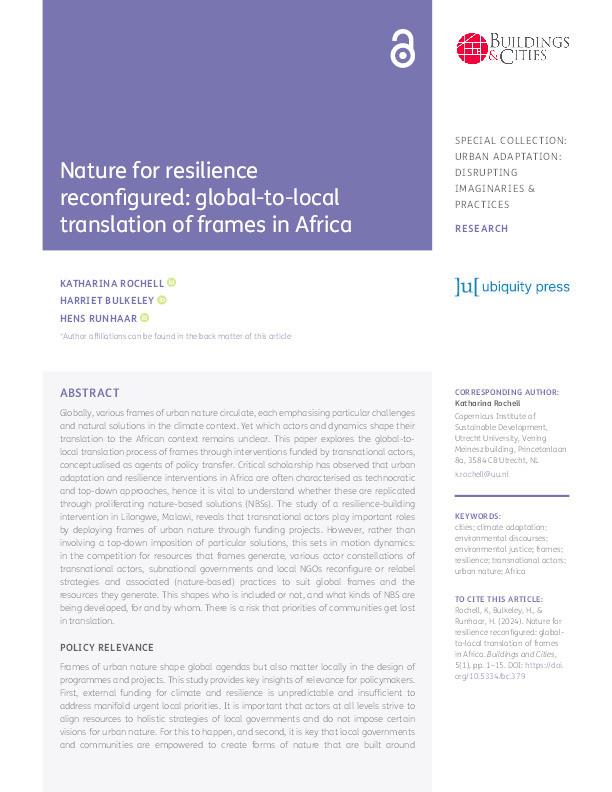 Nature for resilience reconfigured: global-to-local translation of frames in Africa Thumbnail