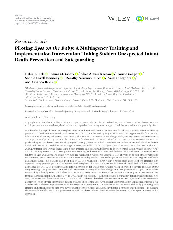 Piloting Eyes on the Baby: A Multiagency Training and Implementation Intervention Linking Sudden Unexpected Infant Death Prevention and Safeguarding Thumbnail