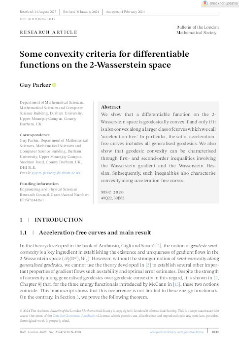 Some convexity criteria for differentiable functions on the 2‐Wasserstein space Thumbnail