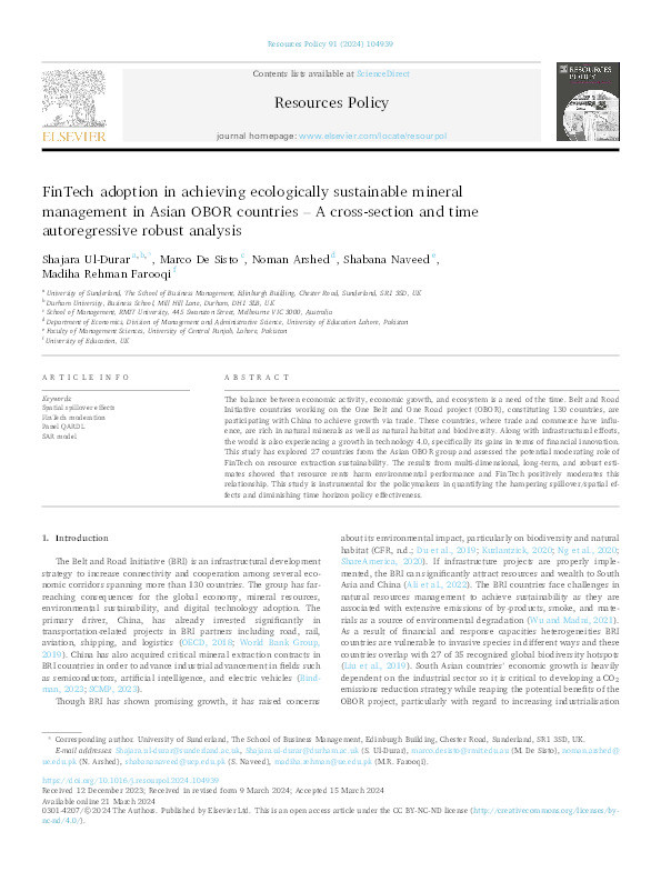 FinTech adoption in achieving ecologically sustainable mineral management in Asian OBOR countries – A cross-section and time autoregressive robust analysis Thumbnail