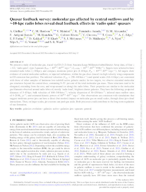 Quasar feedback survey: molecular gas affected by central outflows and by ∼10-kpc radio lobes reveal dual feedback effects in ‘radio quiet’ quasars Thumbnail
