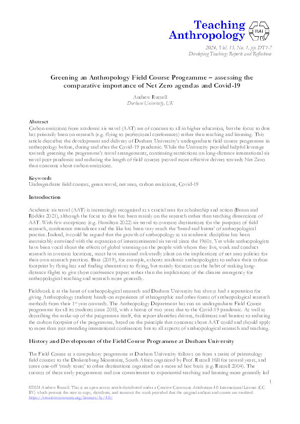 Greening an Anthropology Field Course Programme: Assessing the Comparative Importance of Net Zero Agendas and Covid-19 Thumbnail
