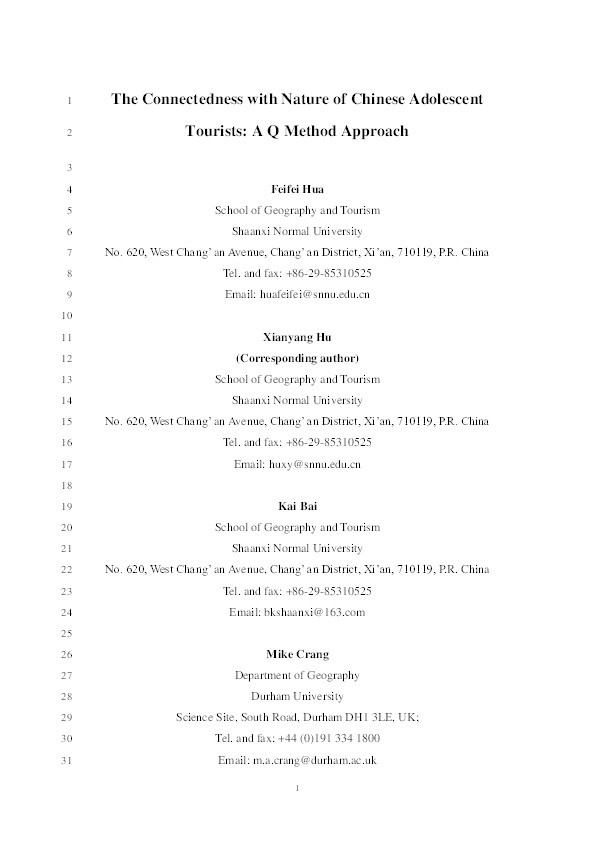 The Connectedness with Nature of Chinese Adolescent Tourists: A Q Method Approach Thumbnail