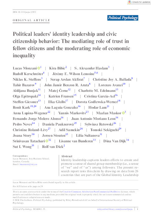 Political leaders' identity leadership and civic citizenship behavior: The mediating role of trust in fellow citizens and the moderating role of economic inequality Thumbnail