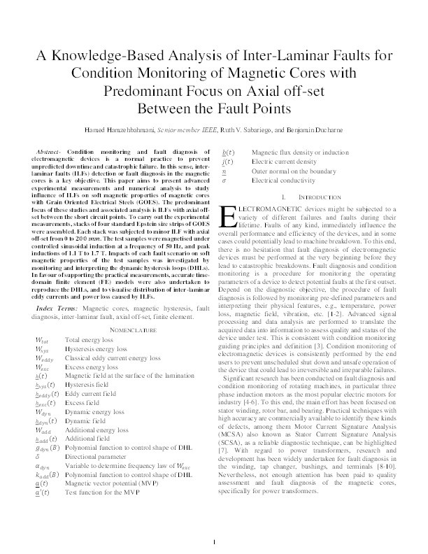 A Knowledge-Based Analysis of Interlaminar Faults for Condition Monitoring of Magnetic Cores With Predominant Focus on Axial Offset Between the Fault Points Thumbnail