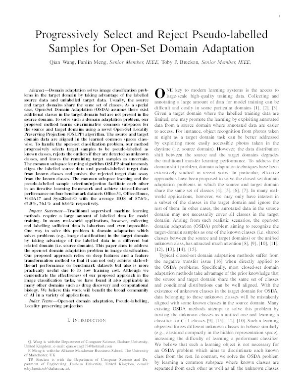 Progressively Select and Reject Pseudo-labelled Samples for Open-Set Domain Adaptation Thumbnail