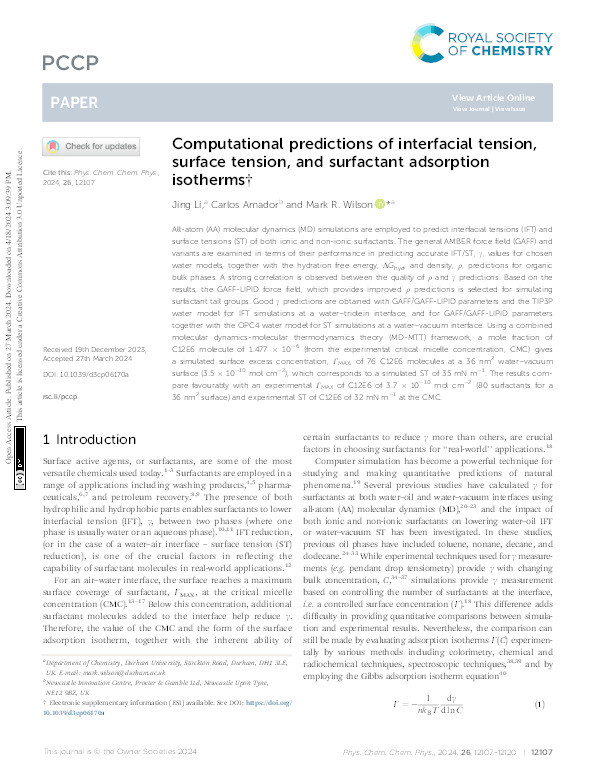 Computational predictions of interfacial tension, surface tension, and surfactant adsorption isotherms Thumbnail