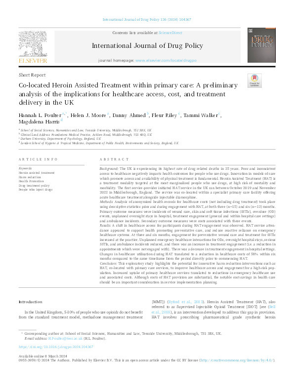 Co-located Heroin Assisted Treatment within primary care: A preliminary analysis of the implications for healthcare access, cost, and treatment delivery in the UK. Thumbnail