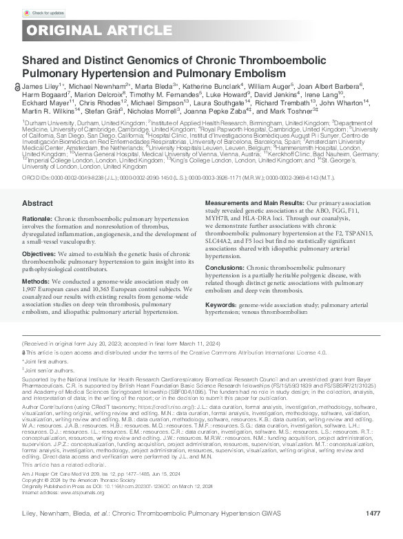Shared and Distinct Genomics of Chronic Thromboembolic Pulmonary Hypertension and Pulmonary Embolism. Thumbnail