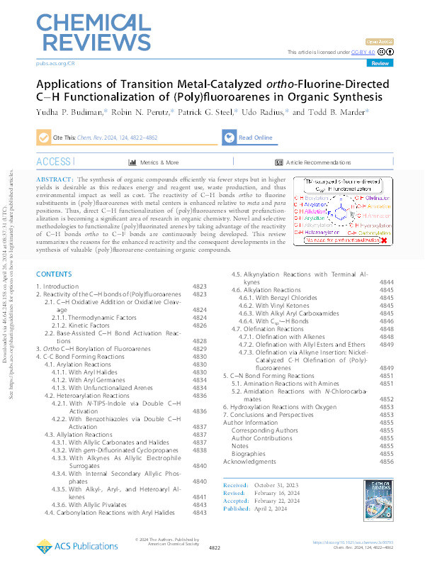 Applications of Transition Metal-Catalyzed ortho-Fluorine-Directed C–H Functionalization of (Poly)fluoroarenes in Organic Synthesis Thumbnail