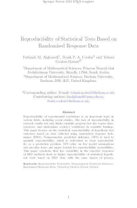 Reproducibility of Statistical Tests Based on Randomised Response Data Thumbnail