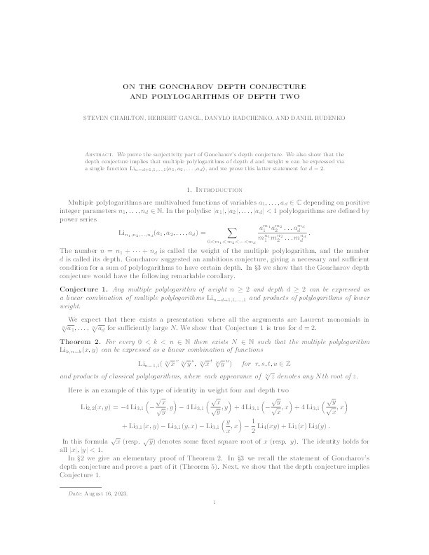 On the Goncharov depth conjecture and polylogarithms of depth two Thumbnail