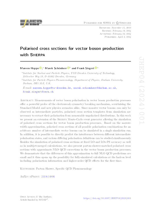 Polarised cross sections for vector boson production with S herpa Thumbnail