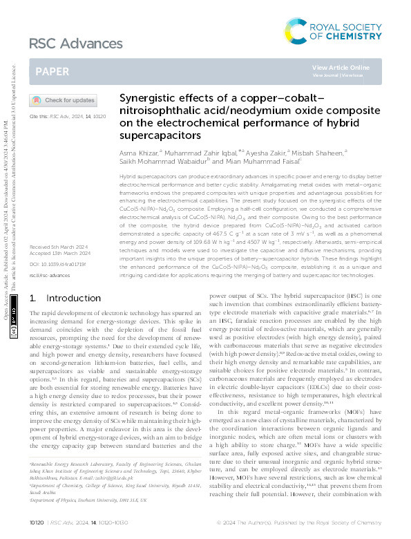 Synergistic effects of a copper–cobalt–nitroisophthalic acid/neodymium oxide composite on the electrochemical performance of hybrid supercapacitors Thumbnail