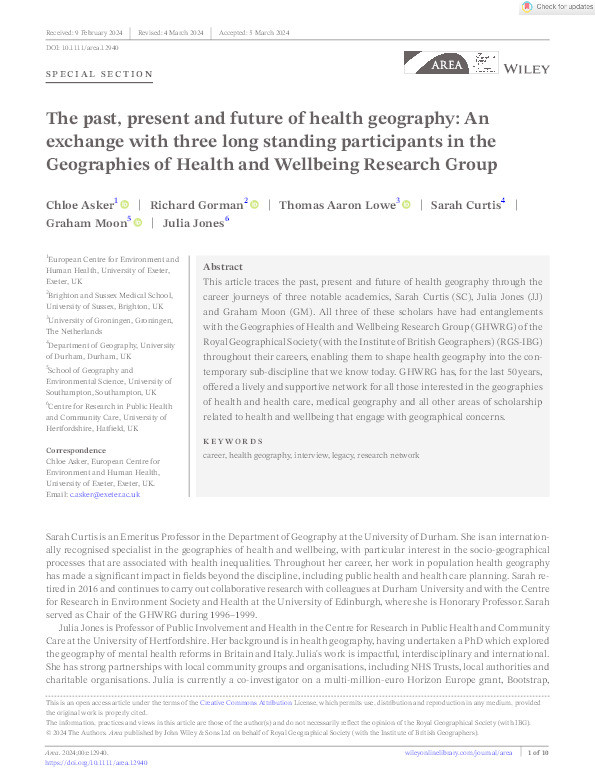 The past, present and future of health geography: An exchange with three long standing participants in the Geographies of Health and Wellbeing Research Group Thumbnail