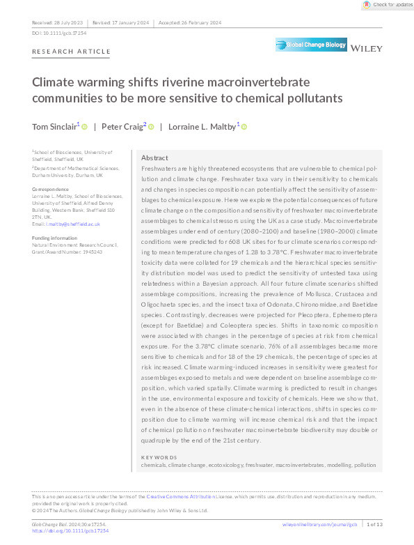 Climate warming shifts riverine macroinvertebrate communities to be more sensitive to chemical pollutants Thumbnail