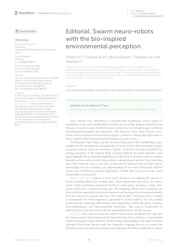 Editorial: Swarm neuro-robots with the bio-inspired environmental perception. Thumbnail