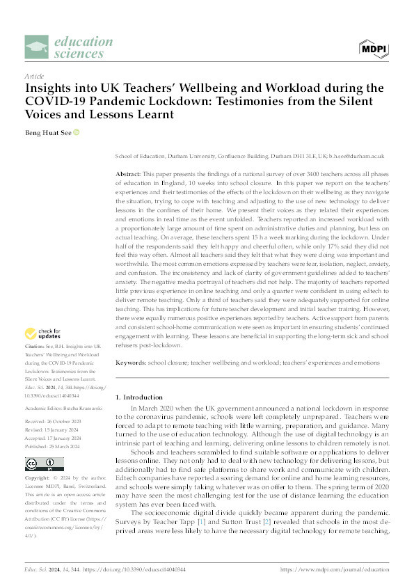 Insights into UK Teachers’ Wellbeing and Workload during the COVID-19 Pandemic Lockdown: Testimonies from the Silent Voices and Lessons Learnt Thumbnail