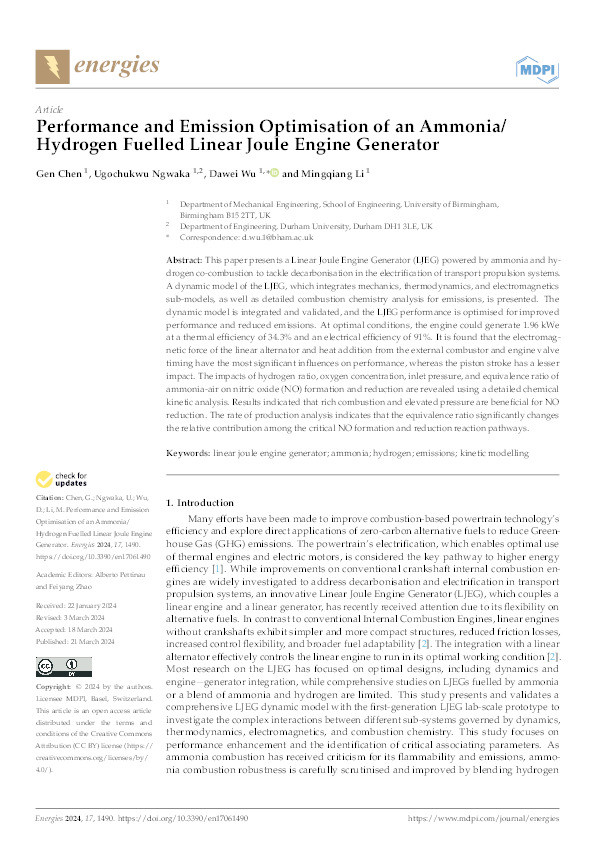 Performance and Emission Optimisation of an Ammonia/Hydrogen Fuelled Linear Joule Engine Generator Thumbnail
