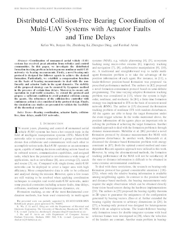 Distributed Collision-Free Bearing Coordination of Multi-UAV Systems With Actuator Faults and Time Delays Thumbnail