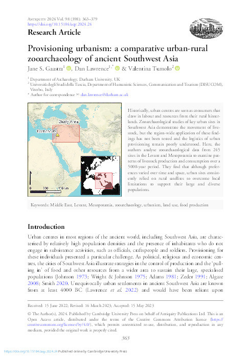 Provisioning urbanism: a comparative urban-rural zooarchaeology of ancient Southwest Asia Thumbnail