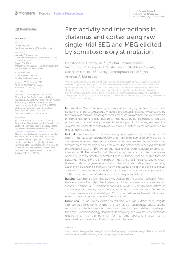 First activity and interactions in thalamus and cortex using raw single-trial EEG and MEG elicited by somatosensory stimulation Thumbnail