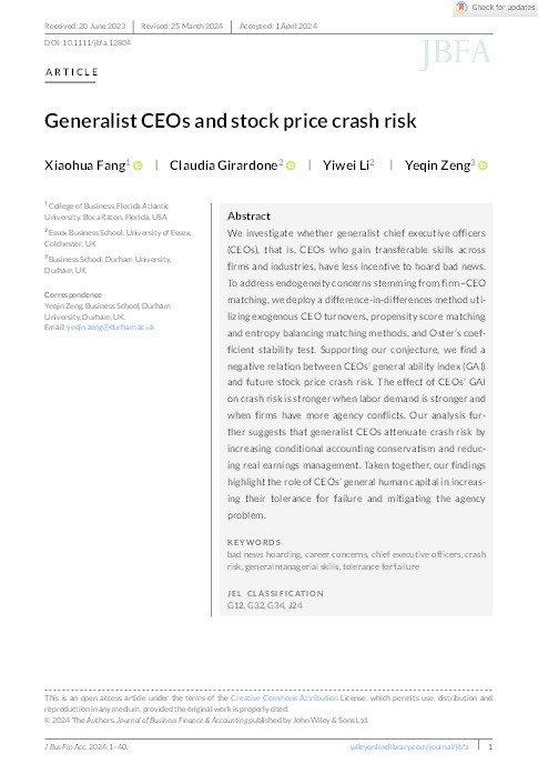 Generalist CEOs and stock price crash risk Thumbnail