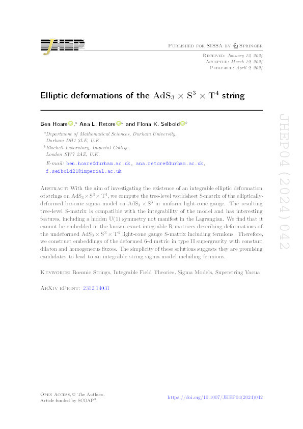 Elliptic deformations of the AdS 3 × S 3 × T 4 string Thumbnail