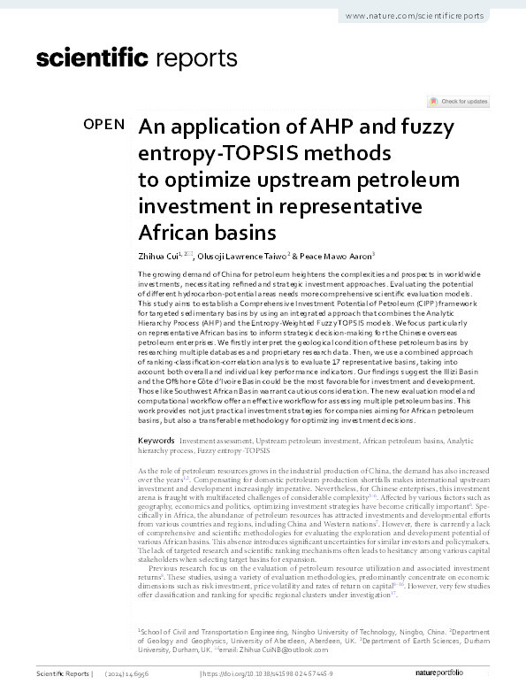 An application of AHP and fuzzy entropy-TOPSIS methods to optimize upstream petroleum investment in representative African basins. Thumbnail