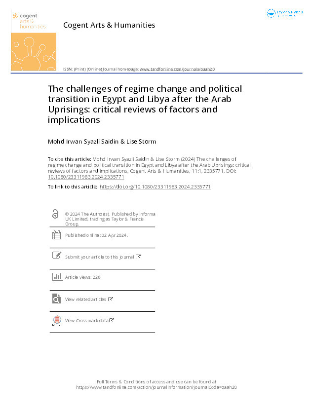The challenges of regime change and political transition in Egypt and Libya after the Arab Uprisings: critical reviews of factors and implications Thumbnail
