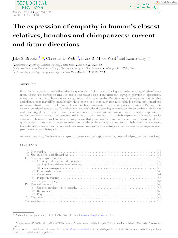 The expression of empathy in human's closest relatives, bonobos and chimpanzees: current and future directions Thumbnail