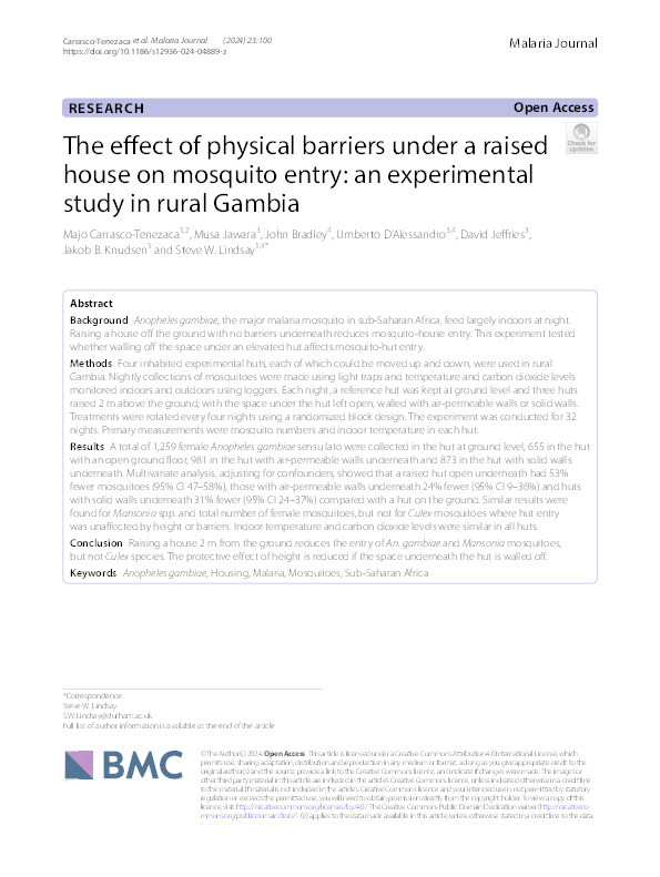 The effect of physical barriers under a raised house on mosquito entry: an experimental study in rural Gambia Thumbnail