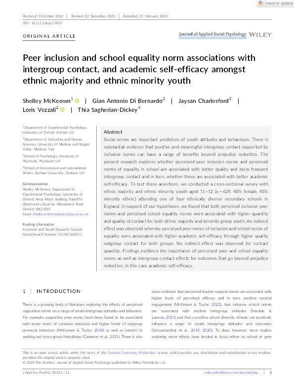 Peer inclusion and school equality norm associations with intergroup contact, and academic self‐efficacy amongst ethnic majority and ethnic minority youth Thumbnail