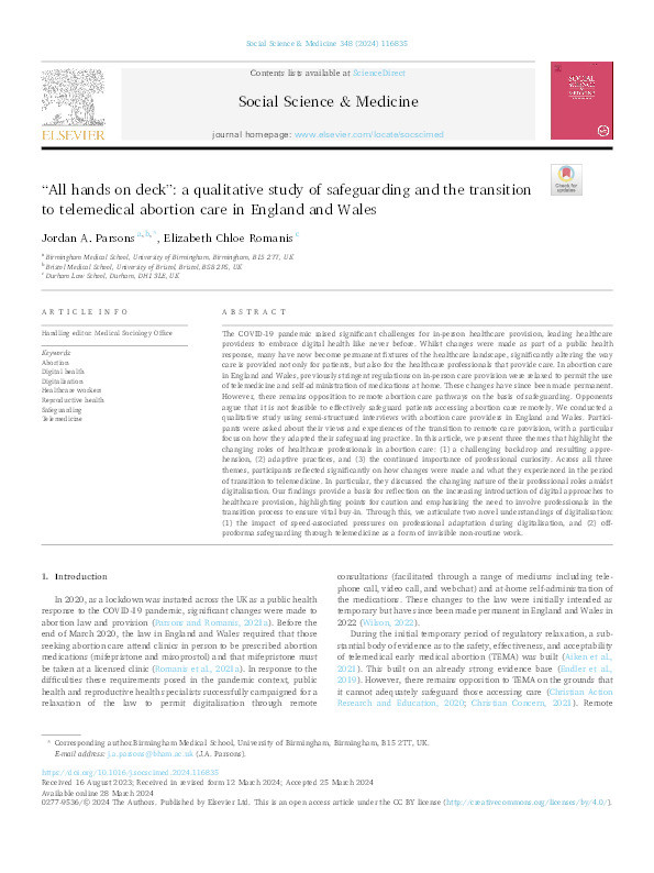 "All hands on deck": a qualitative study of safeguarding and the transition to telemedical abortion care in England and Wales. Thumbnail