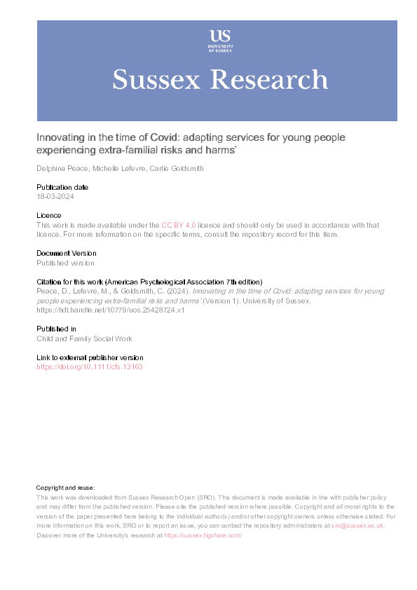 Innovating in the Time of Covid: Adapting Services for Young People Experiencing Extra‐Familial Risks and Harms Thumbnail