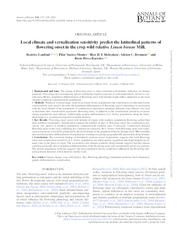 Local climate and vernalization sensitivity predict the latitudinal patterns of flowering onset in the crop wild relative Linum bienne Mill. Thumbnail