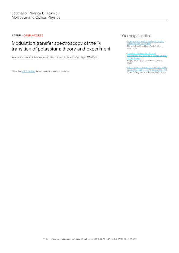 Modulation transfer spectroscopy of the D1 transition of potassium: theory and experiment Thumbnail