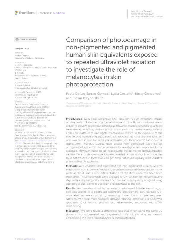 Comparison of photodamage in non-pigmented and pigmented human skin equivalents exposed to repeated ultraviolet radiation to investigate the role of melanocytes in skin photoprotection Thumbnail