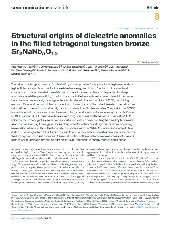 Structural origins of dielectric anomalies in the filled tetragonal tungsten bronze Sr 2 NaNb 5 O 15 Thumbnail