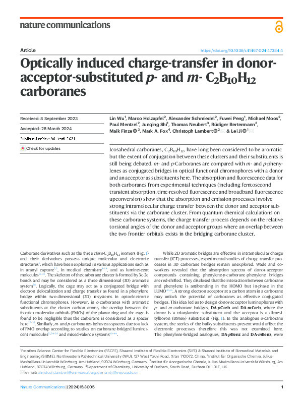 Optically induced charge-transfer in donor-acceptor-substituted p- and m- C2B10H12 carboranes Thumbnail