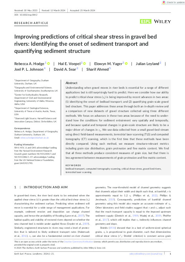 Improving predictions of critical shear stress in gravel bed rivers: Identifying the onset of sediment transport and quantifying sediment structure Thumbnail