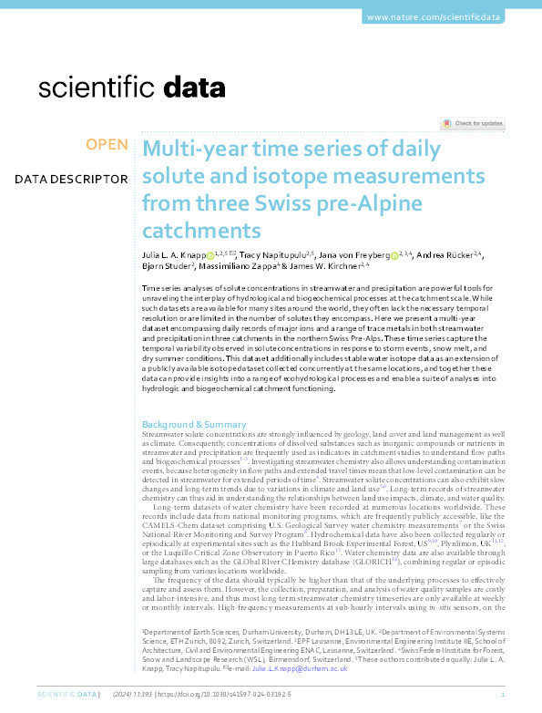 Multi-year time series of daily solute and isotope measurements from three Swiss pre-Alpine catchments Thumbnail