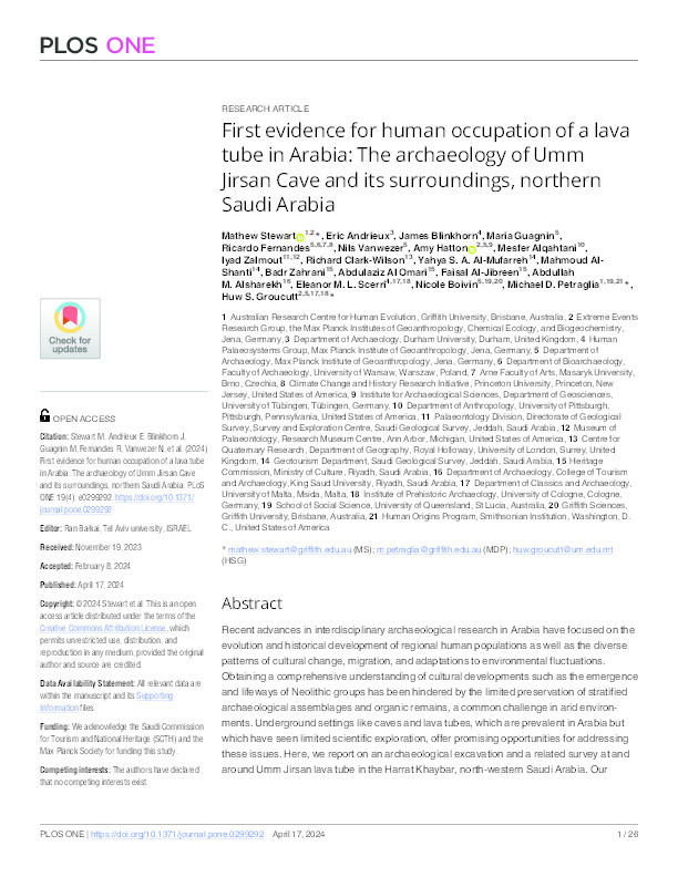 First evidence for human occupation of a lava tube in Arabia: The archaeology of Umm Jirsan Cave and its surroundings, northern Saudi Arabia Thumbnail