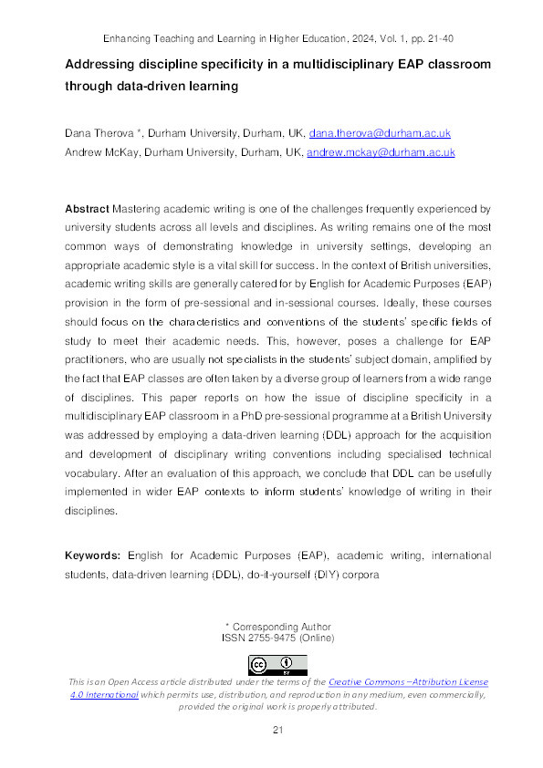 Addressing discipline specificity in a multidisciplinary EAP classroom through data-driven learning Thumbnail